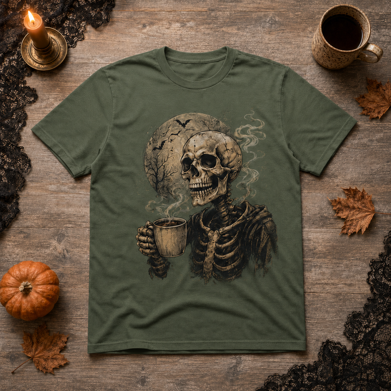 Skeleton Coffee Halloween Graphic T-Shirt