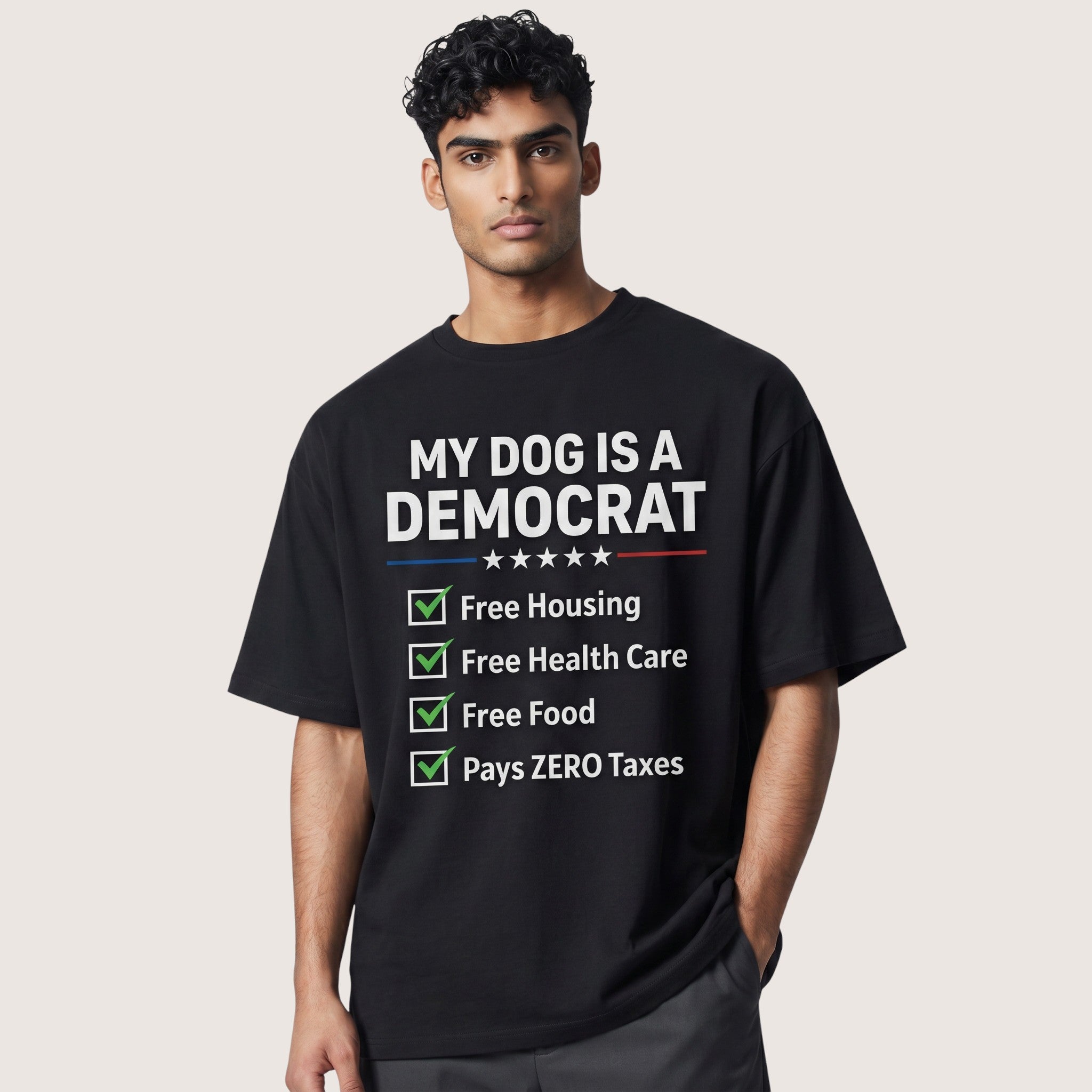 TrendyShift.Com black unisex cotton t-shirt with My Dog is a Democrat political humor graphic print on a male model