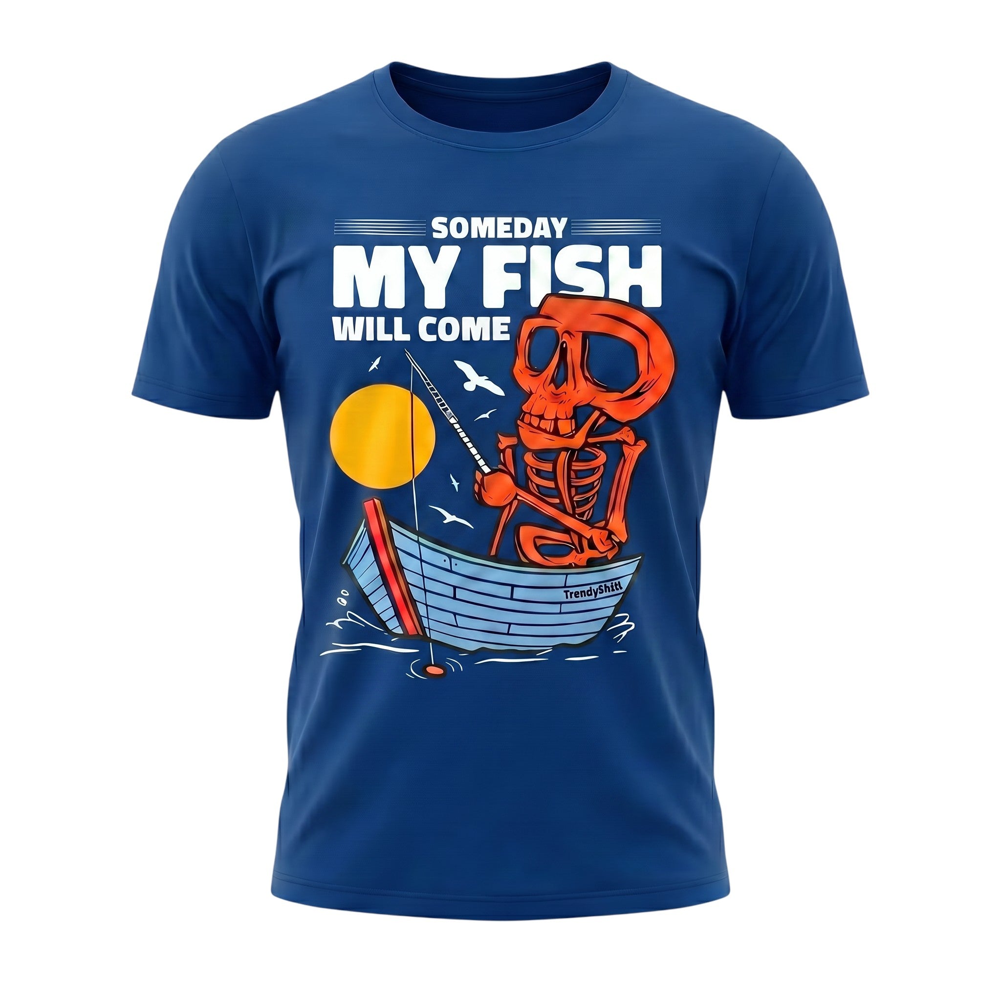 TrendyShift.Com blue cotton unisex t-shirt featuring a graphic of a skeleton fishing from a boat at sunset.
