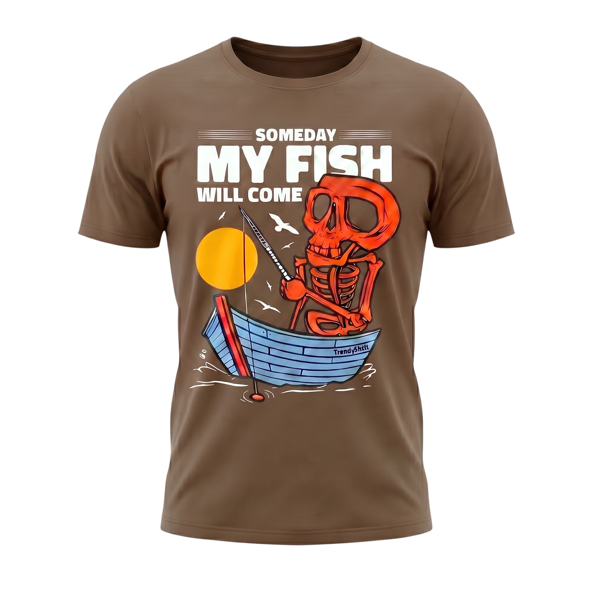 TrendyShift.Com brown cotton unisex t-shirt featuring a graphic of a red skeleton fishing in a blue boat at sunset.