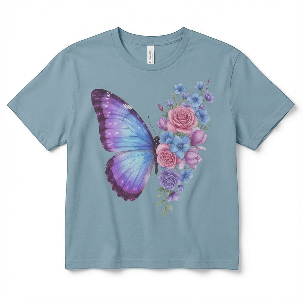 TrendyShift.Com women's blue micro rib baby tee featuring a pastel butterfly and floral rose graphic print.