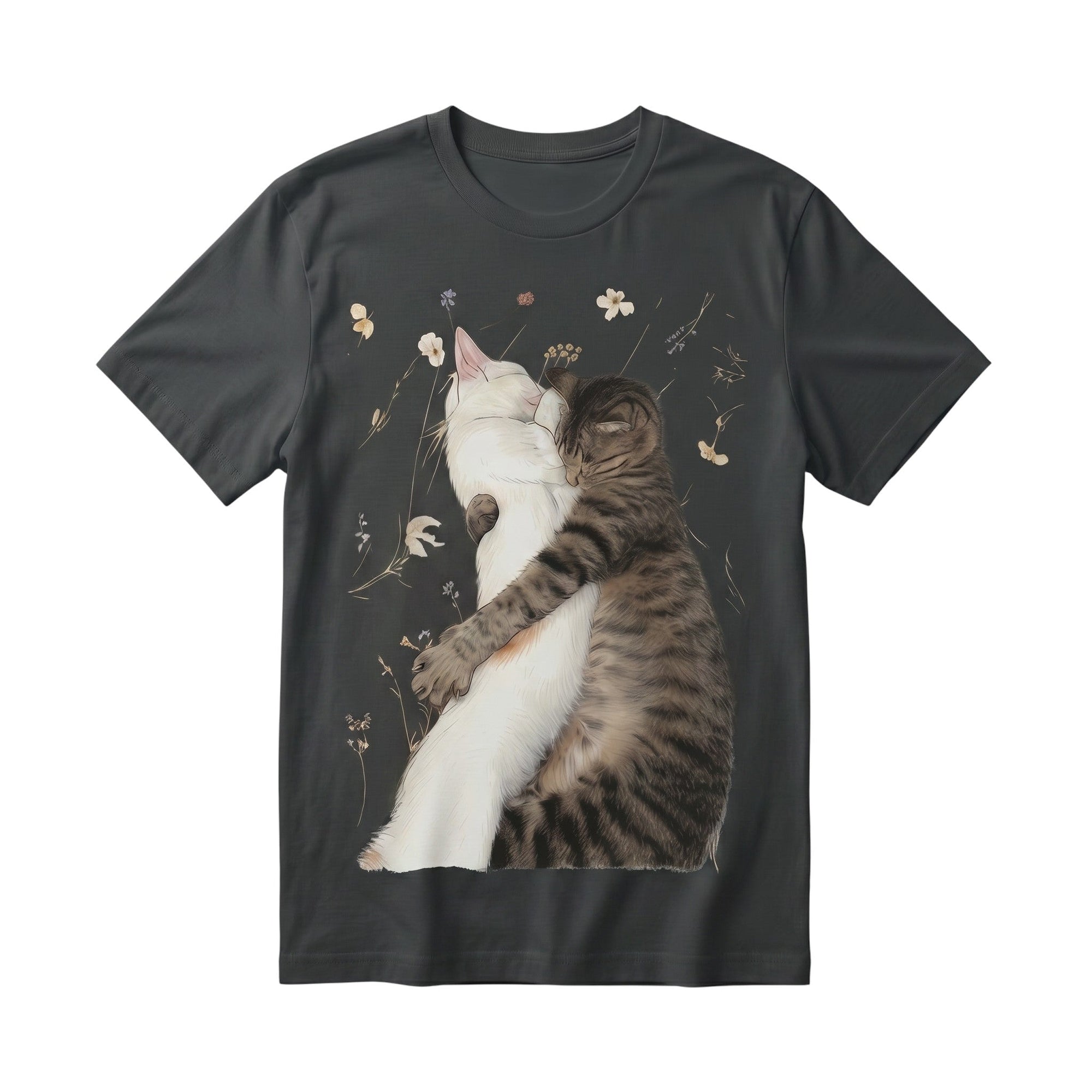 TrendyShift.Com dark grey 100% cotton t-shirt featuring a graphic of a white and tabby cat hugging with wildflowers.