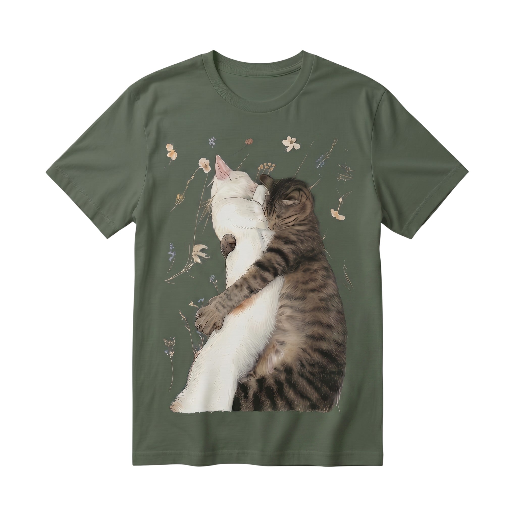 TrendyShift.Com olive green 100% cotton t-shirt featuring a graphic of two cats hugging amidst delicate wildflowers.