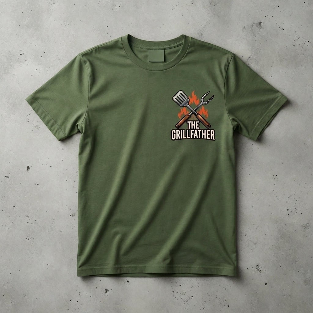TrendyShift.Com olive green cotton crew neck t-shirt featuring a Grillfather spatula and fork graphic on the chest.