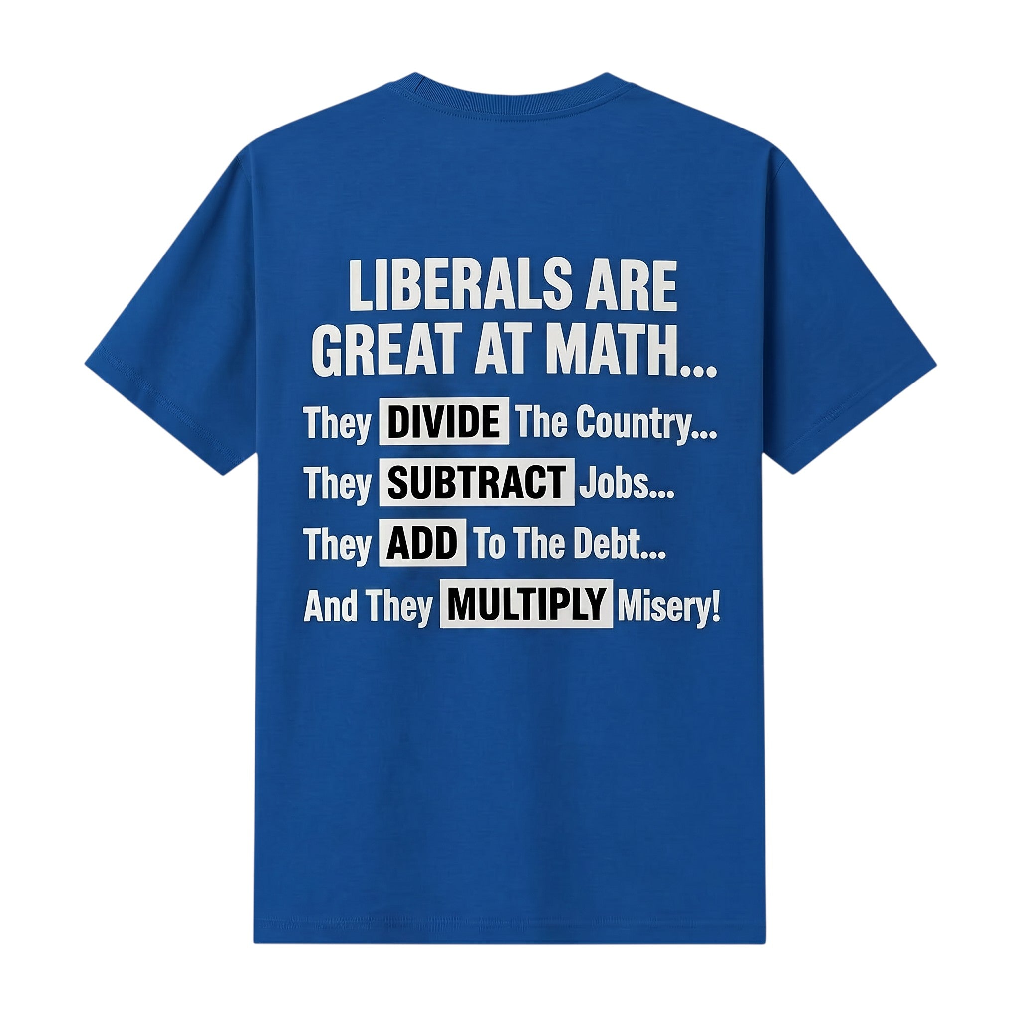 TrendyShift.Com royal blue t-shirt featuring white political text about math on the back