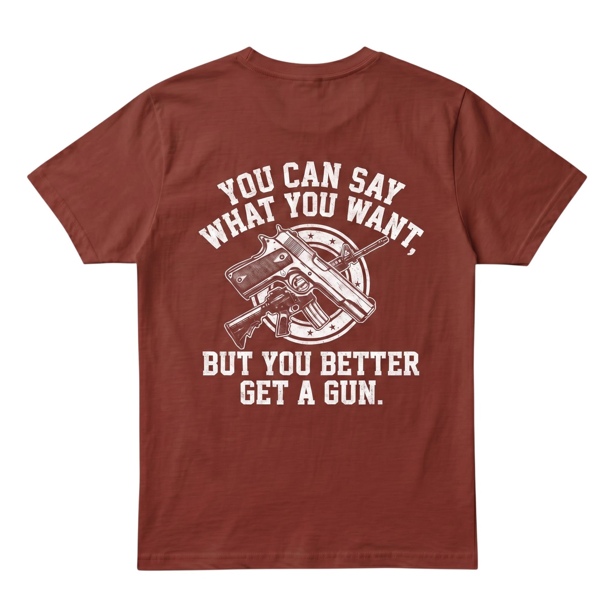 TrendyShift.Com rust-colored cotton t-shirt featuring a white graphic print of firearms and bold text on the back.