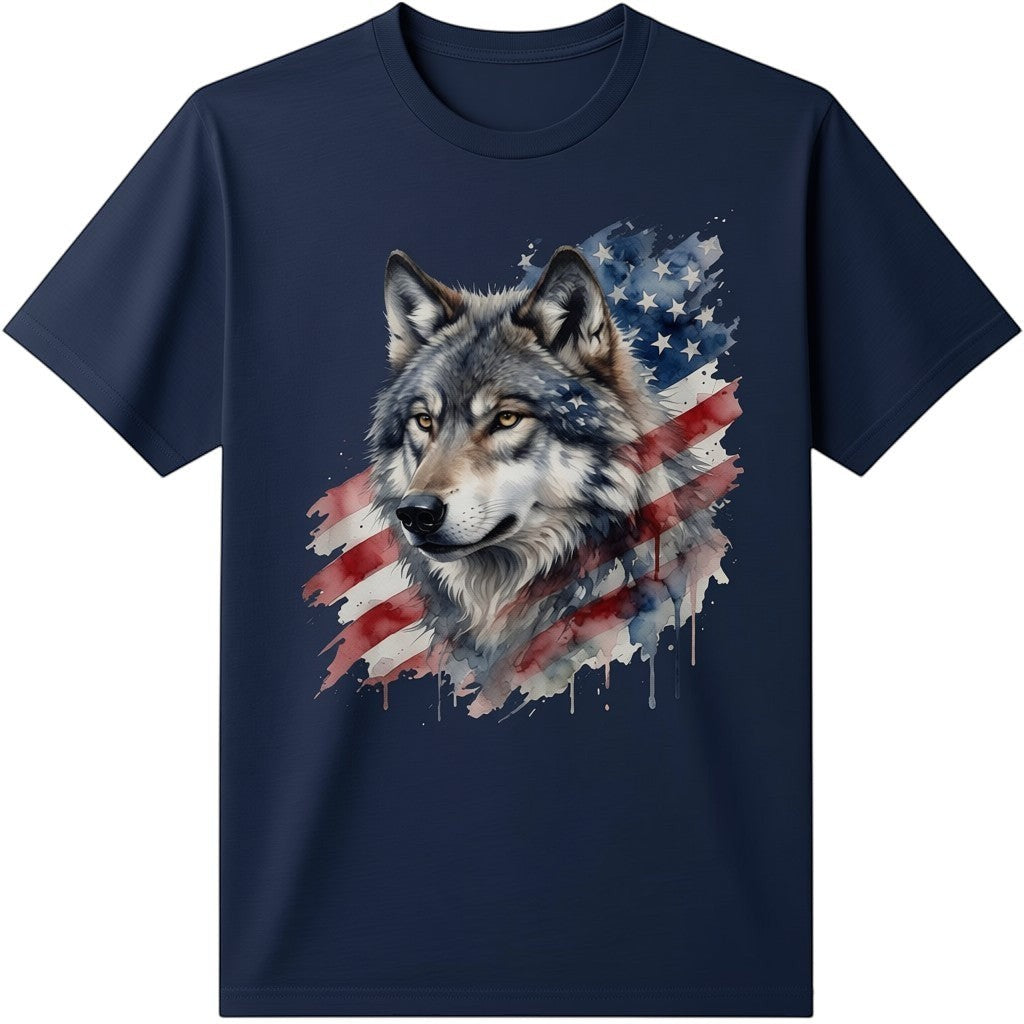 TrendyShift.Com black t-shirt featuring a watercolor wolf graphic merged with an American flag design.
