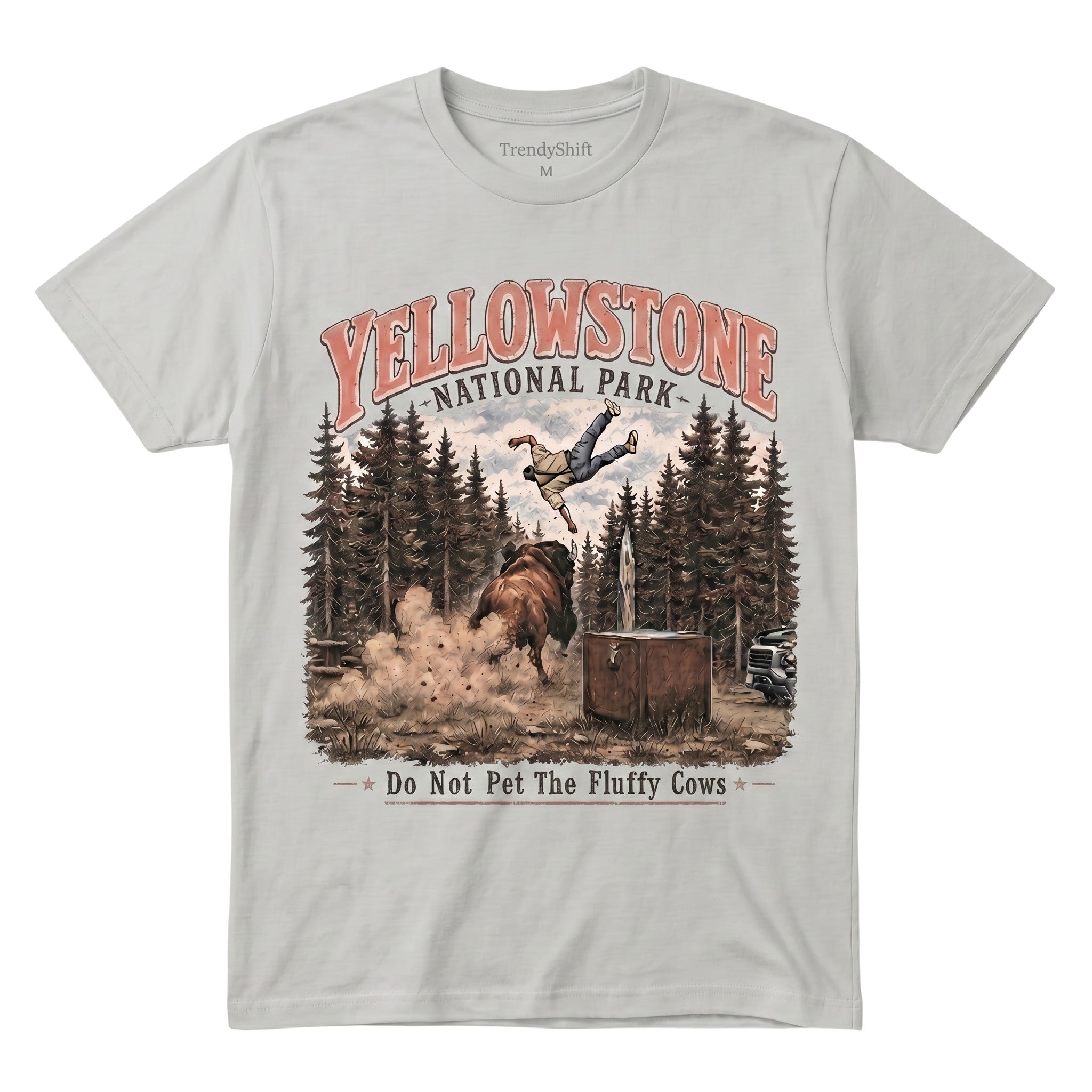 TrendyShift.Com grey cotton Yellowstone National Park graphic t-shirt featuring a bison and humorous warning text.