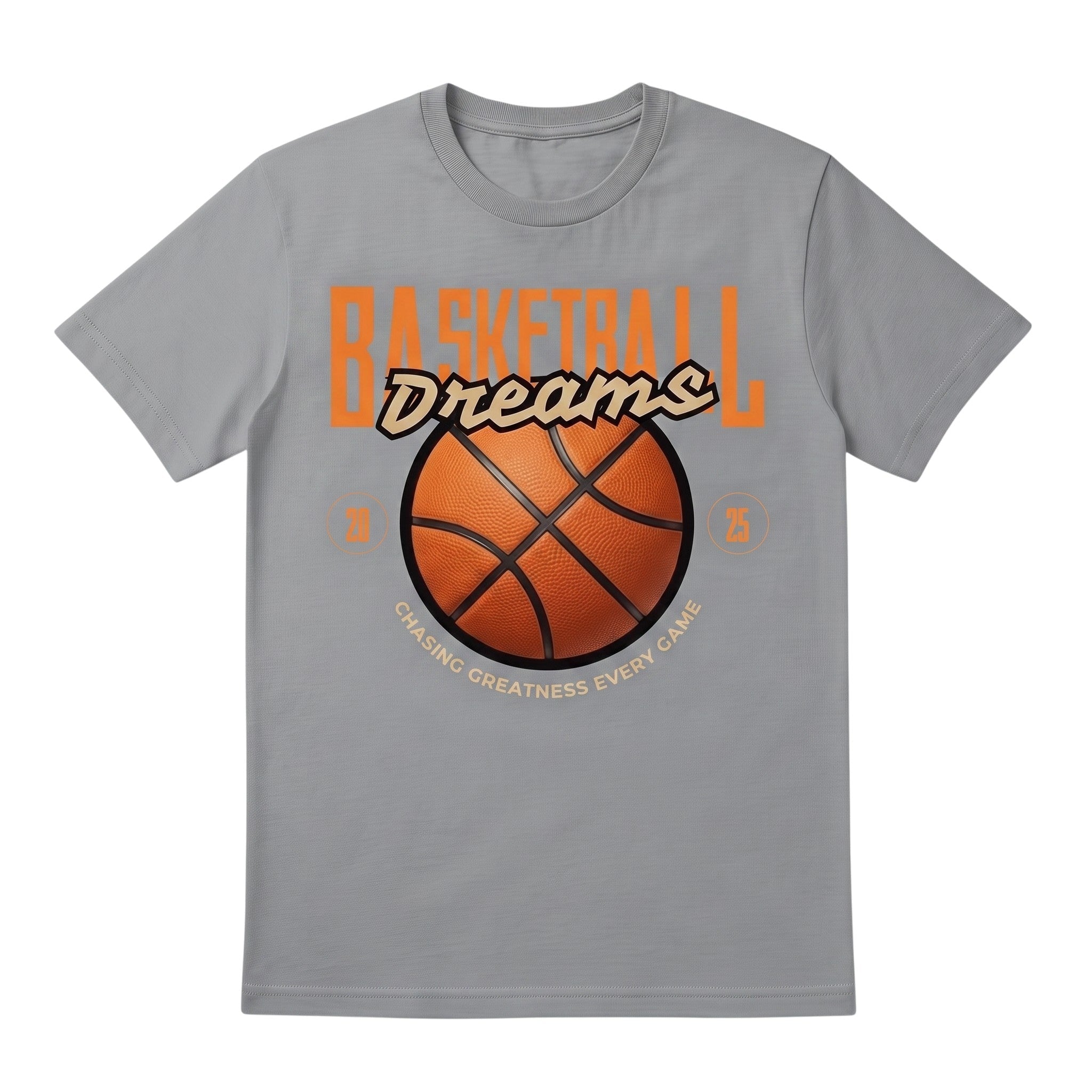 WearTheJoke.com grey graphic t-shirt with a basketball design and the text Chasing Greatness Every Game